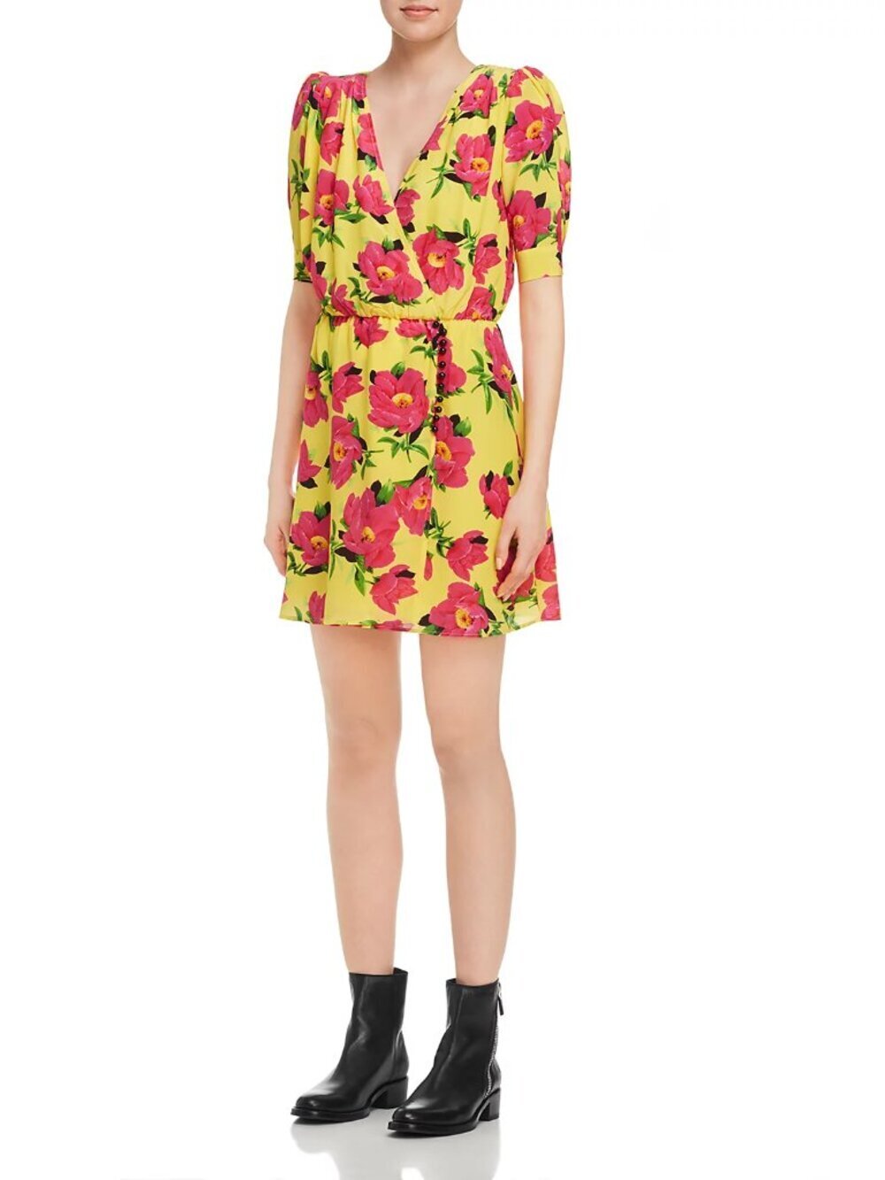 THE KOOPLES Pivoine In Love Yellow Pink Floral Silk Crepe Wrap Dress, Size 1/S